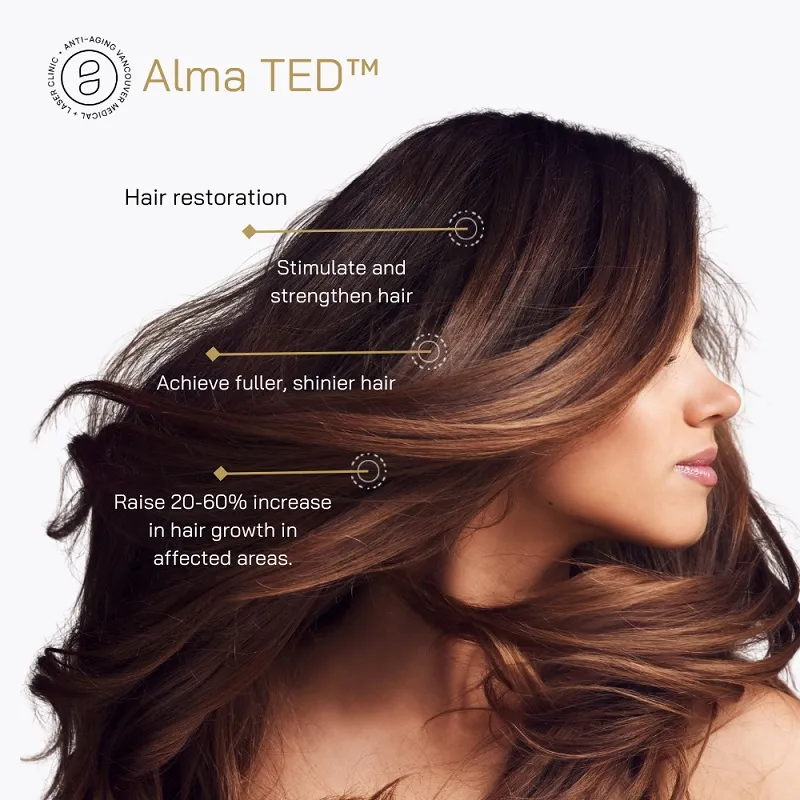Woman showcasing restored hair volume &mdash; smooth, healthy-looking results with Alma TED
