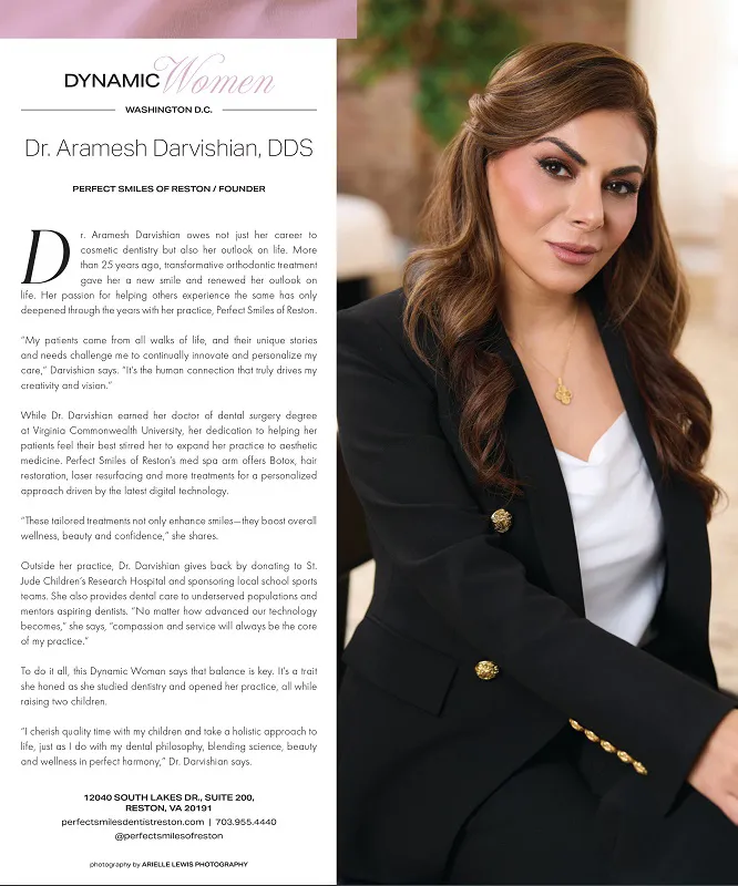 Dr. Aramesh in black blazer — “Dynamic Evolution” article showcasing her leadership in dentistry